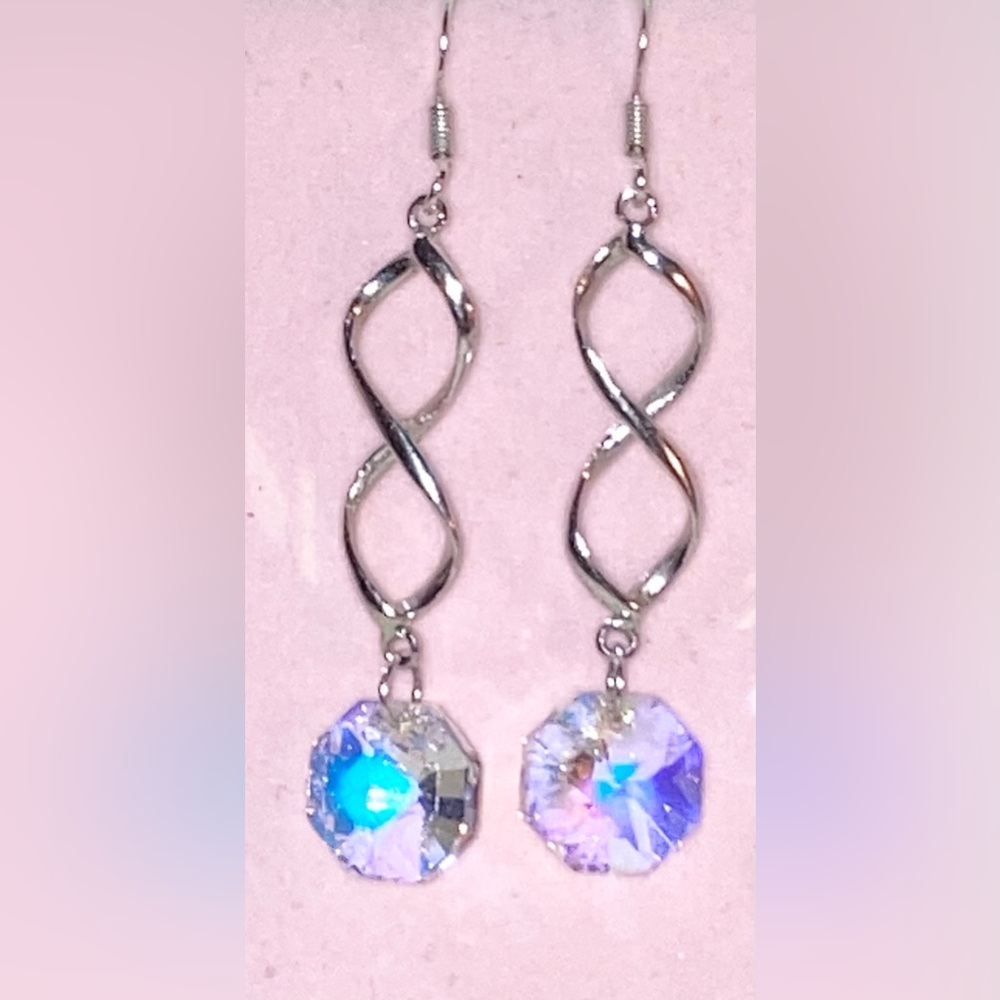Long Sterling Silver Twist Dangle Earrings Swingy gold Crystal Drops Vintage